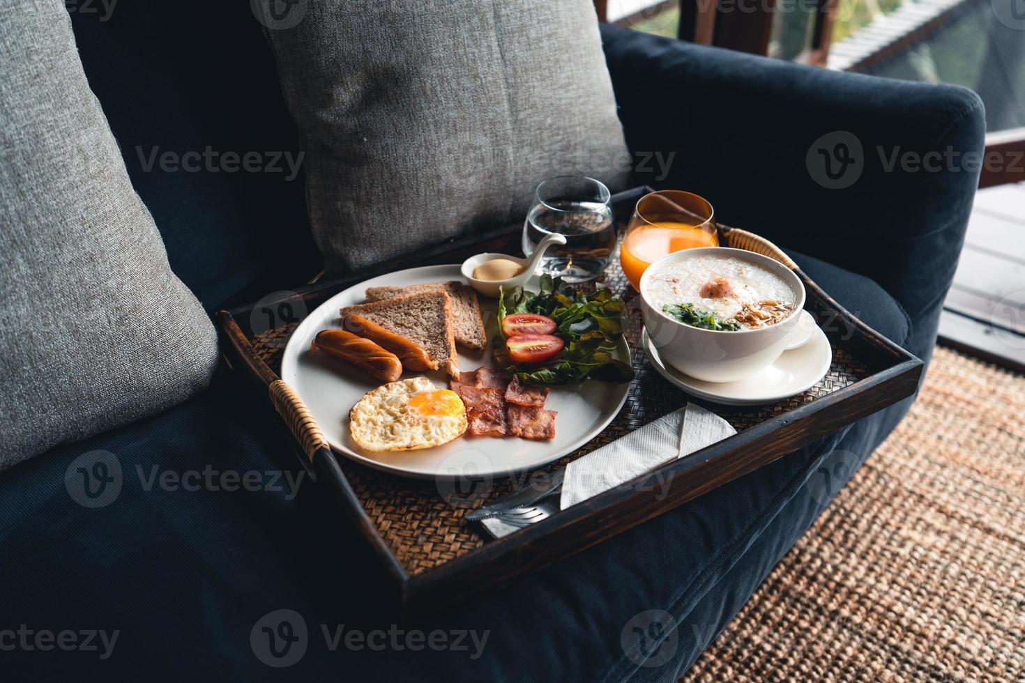 Breakfast in a tray at the hotel photo