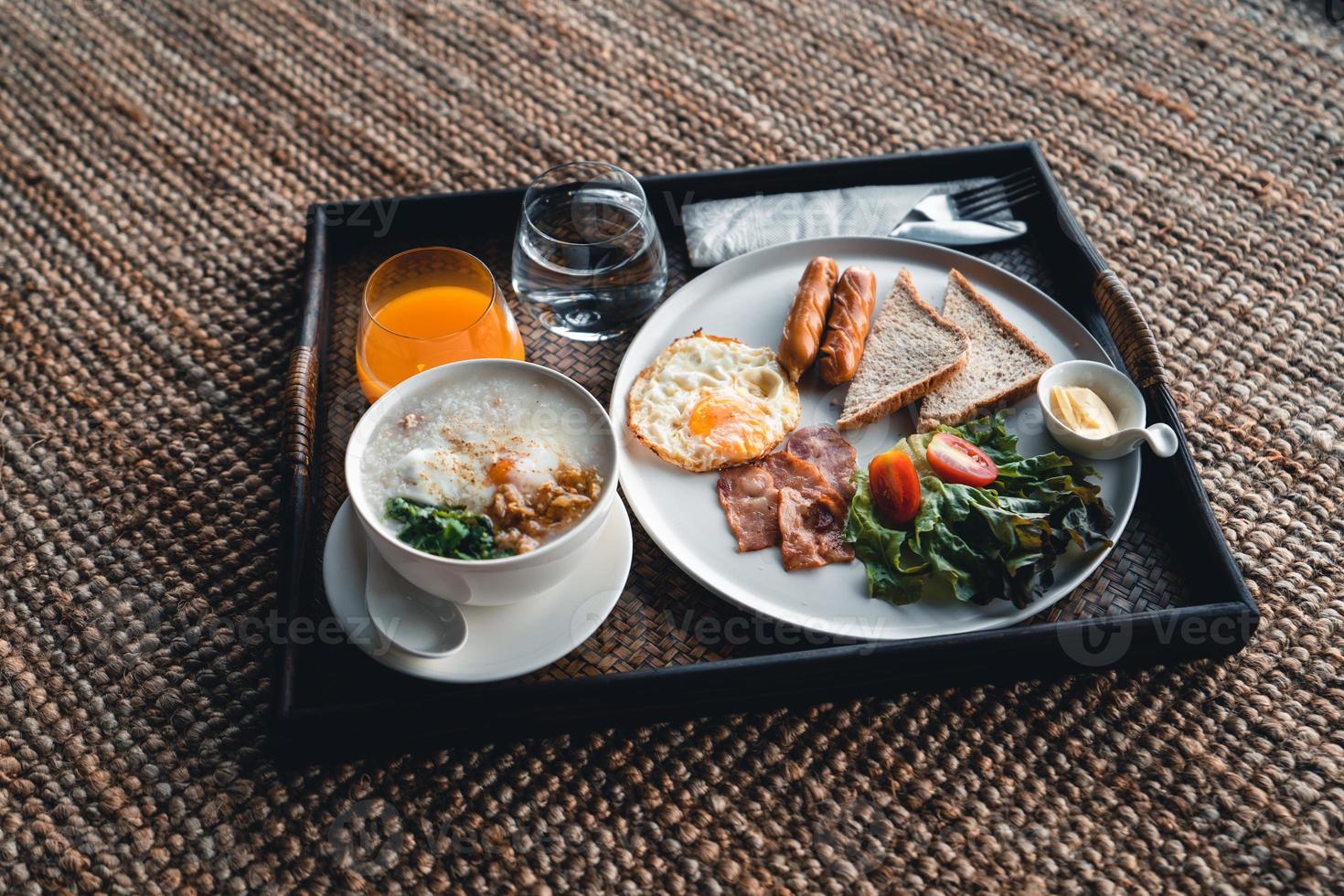 Breakfast in a tray at the hotel photo