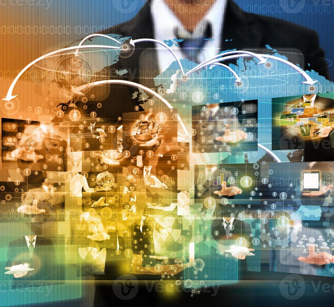 businessman holding Reaching images streaming in hands .Financial and technologies concepts photo