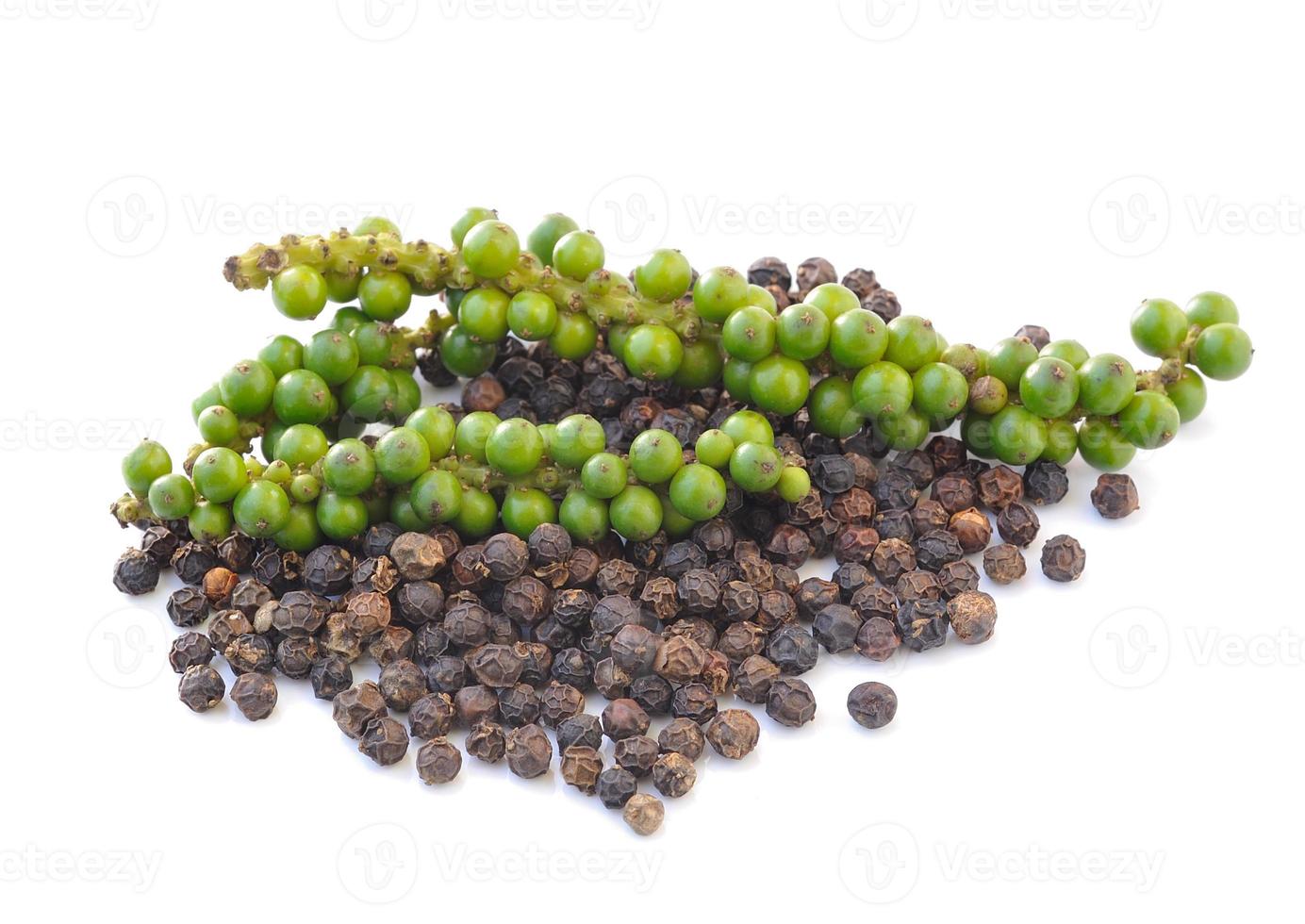 Black peppercorn and Bunches of fresh green pepper isolated on white background photo