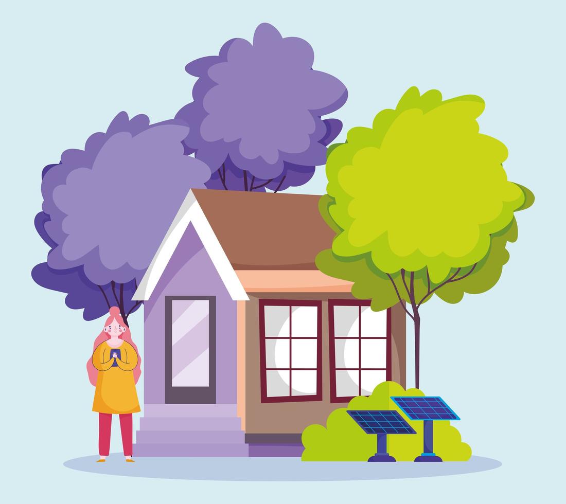people and smartphone, woman using mobile of eco house with solar panel cartoon vector