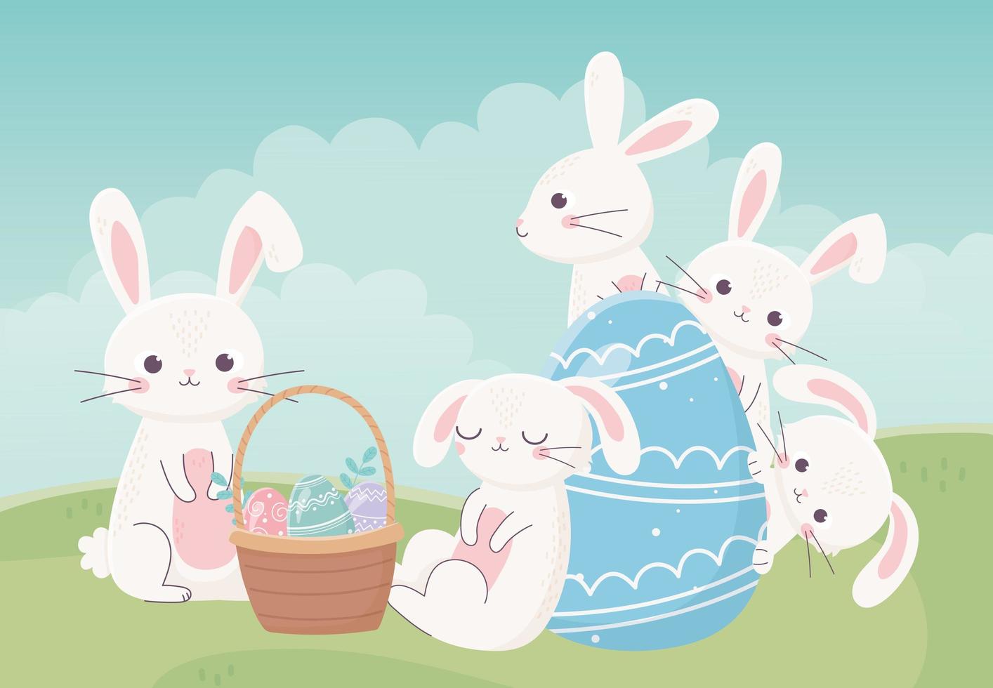 feliz día de pascua, canasta de conejos blancos, huevo en la hierba vector