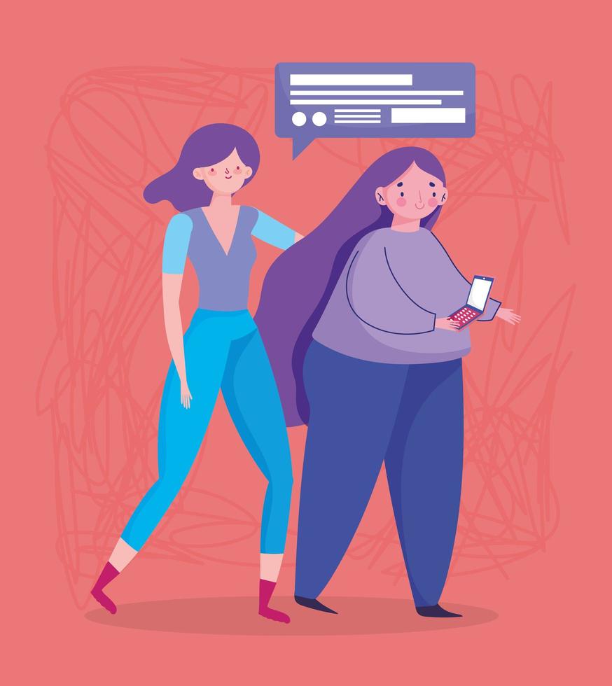 people and smartphone, women walking using mobile device digital cartoon vector