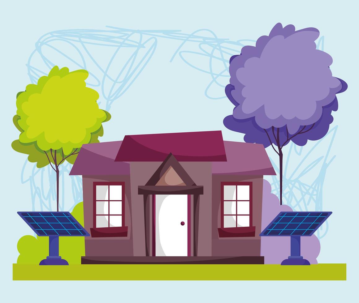 energía ecológica paneles solares sostenibles casa fuera de dibujos animados vector