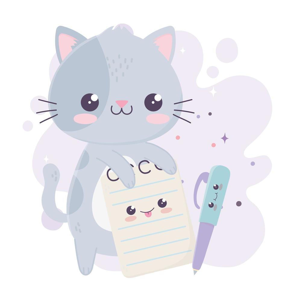 lindo gatito con bloc de notas y bolígrafo personaje de dibujos animados kawaii vector