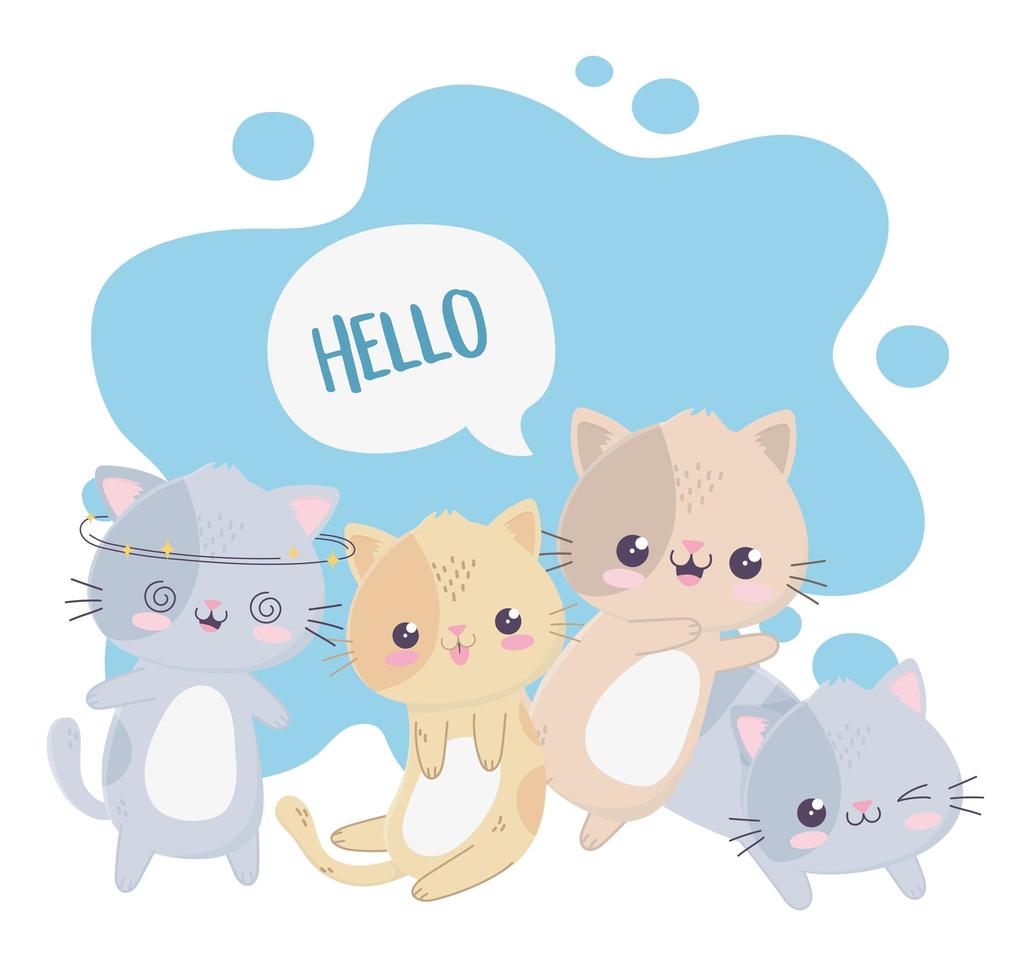 lindos gatitos hola kawaii personaje de dibujos animados vector