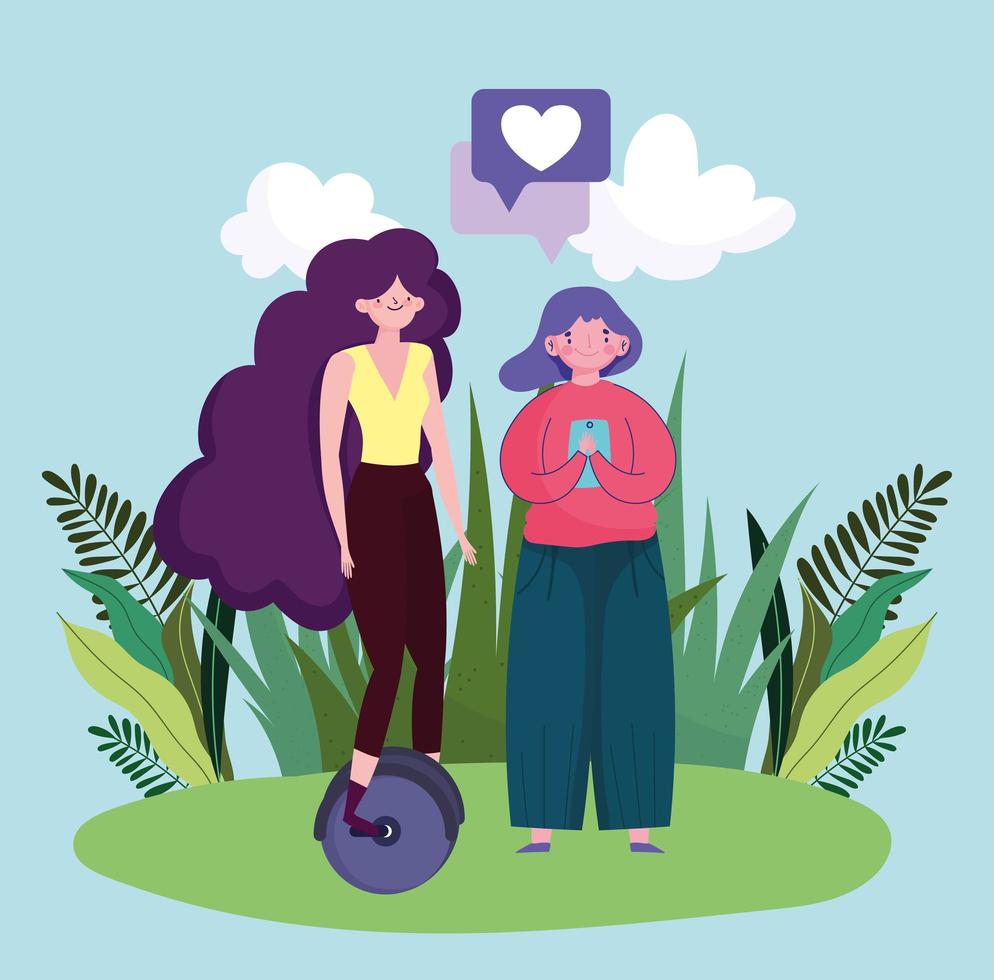 young woman with unicycle and girl with smartphone device cartoon vector