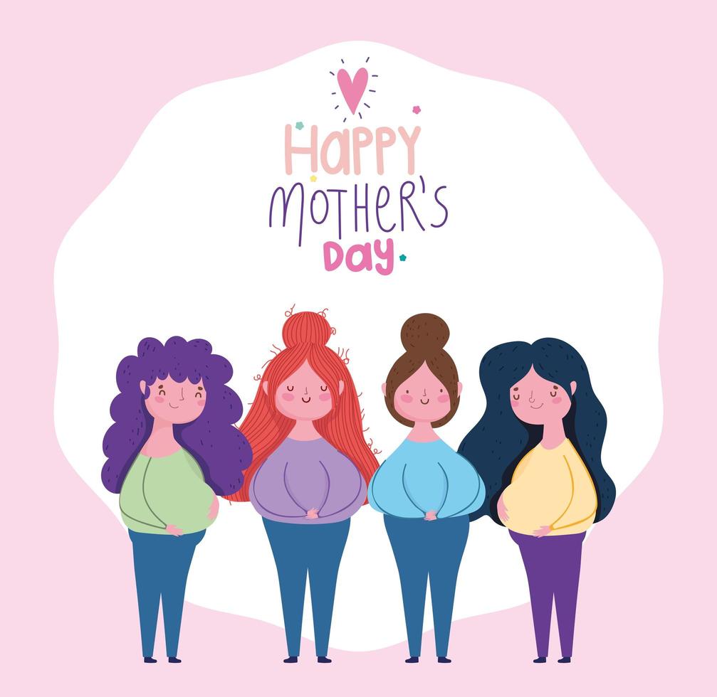 happy mothers day, cartoon characters women standing, lettering vector