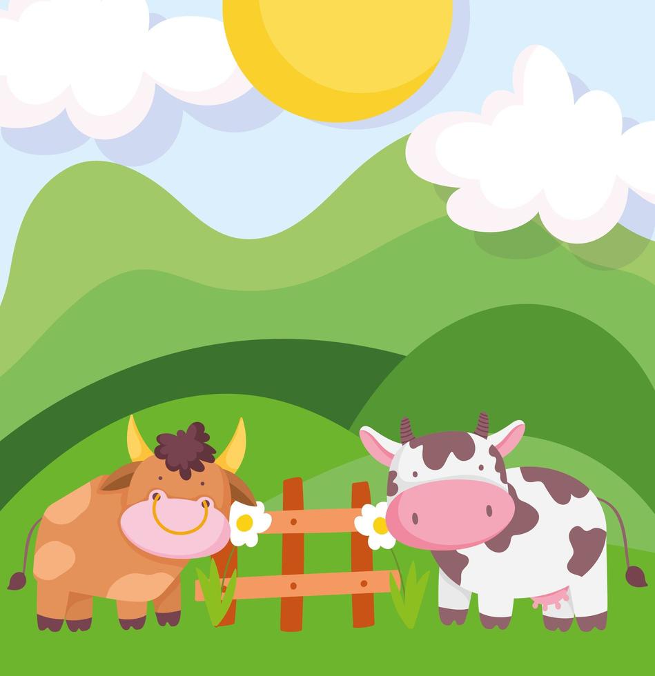 farm animals bull and cow wooden fence flowers hills cartoon vector