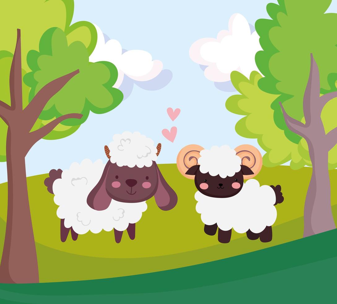 animales de granja ovejas y cabras amor corazones hierba árbol dibujos animados vector