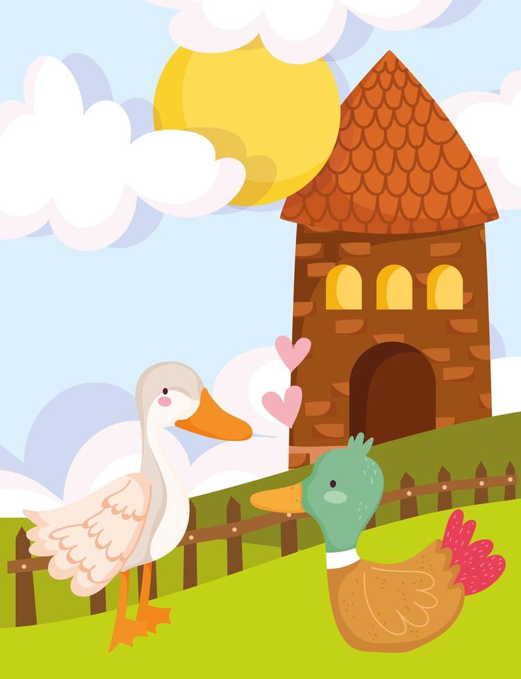 farm animals goose and duck love house wooden fence cartoon vector