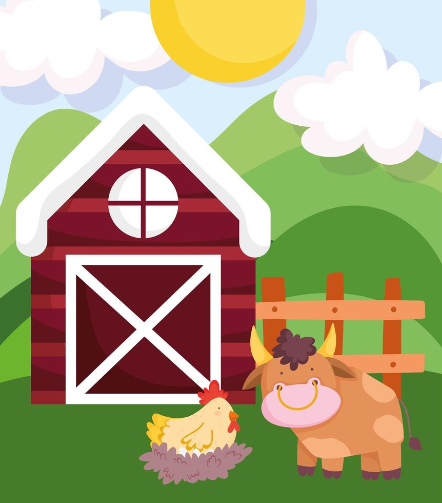 farm animals bull hen in nest wooden fence barn cartoon vector