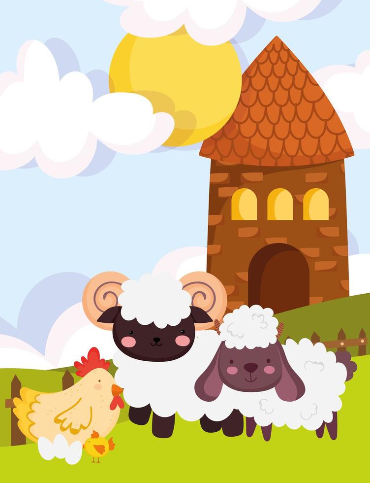 animales de granja cabra oveja gallina y huevos casa dibujos animados vector