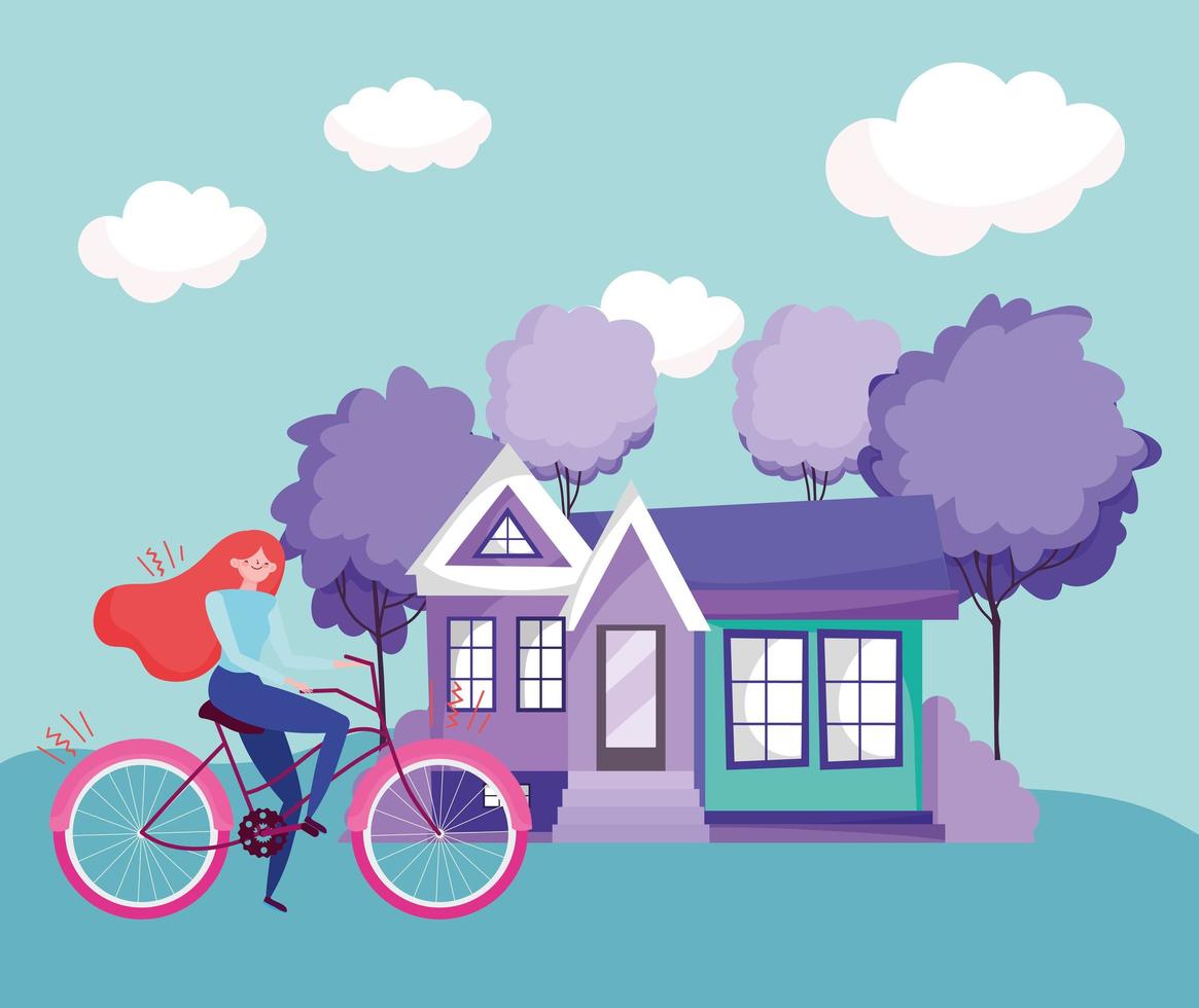 eco friendly transport, young woman riding bike house outside vector