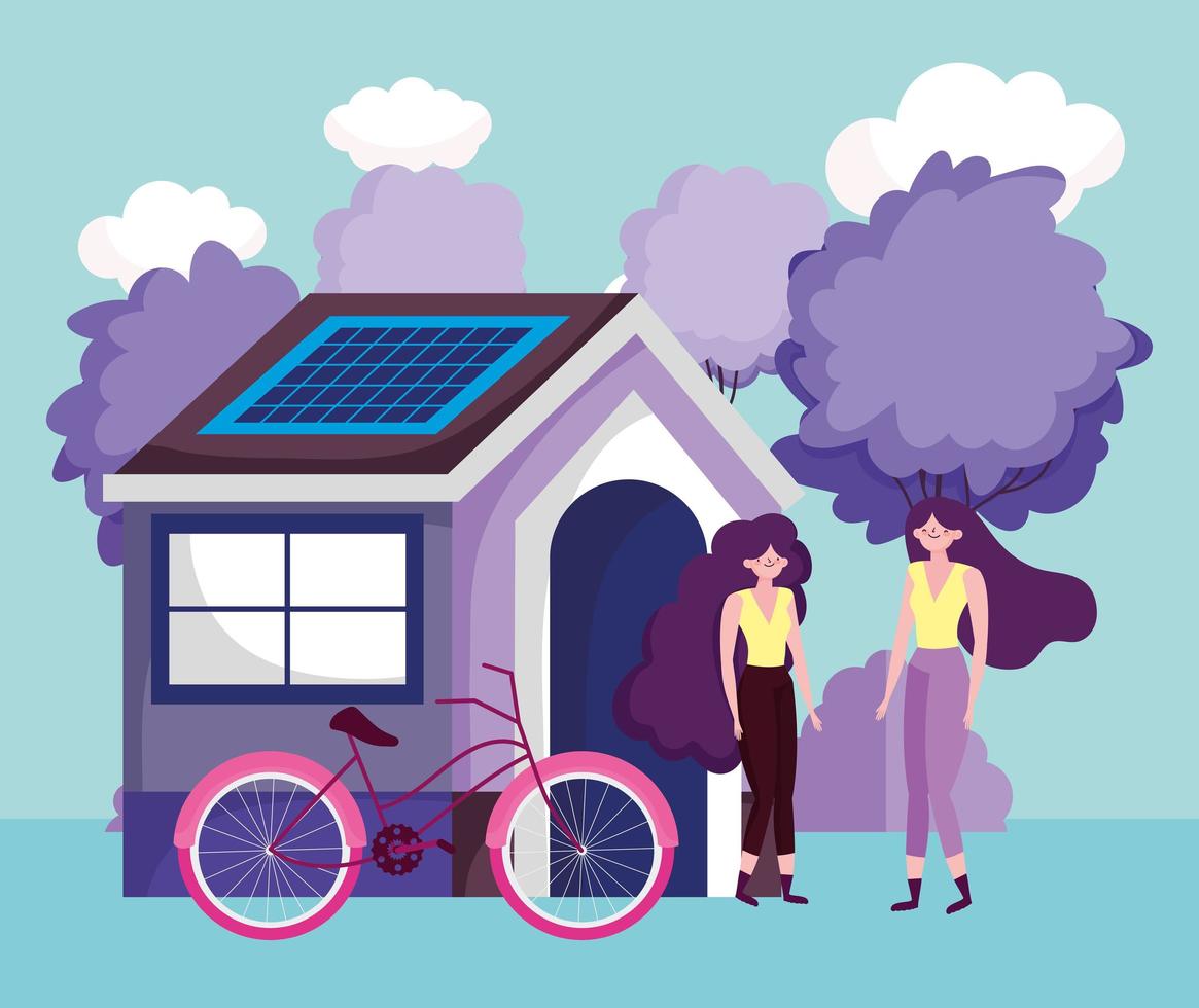 transporte ecológico, mujeres jóvenes con bicicleta, casa con panel solar energía sostenible vector