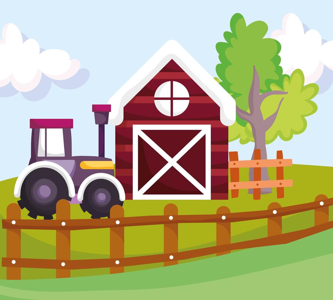 farm animals barn tractor wooden fence tree cartoon vector