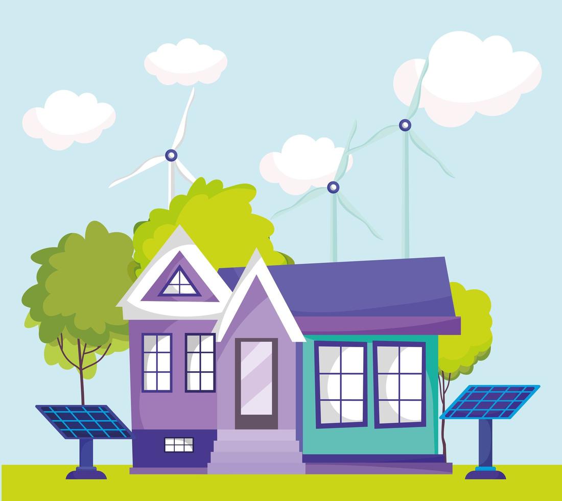 house solar panels turbine wind trees nature energy renewable vector