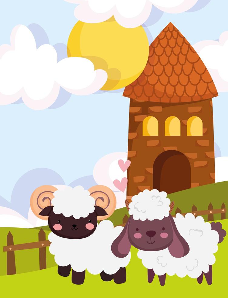 animales de granja cabra y oveja granero cerca hierba dibujos animados vector
