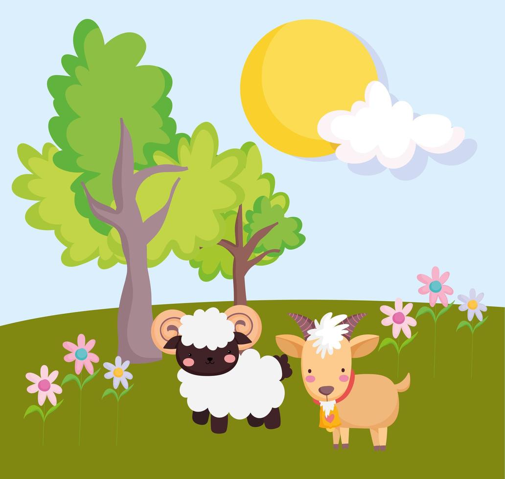 animales de granja cabra ram flores árboles en el campo dibujos animados vector