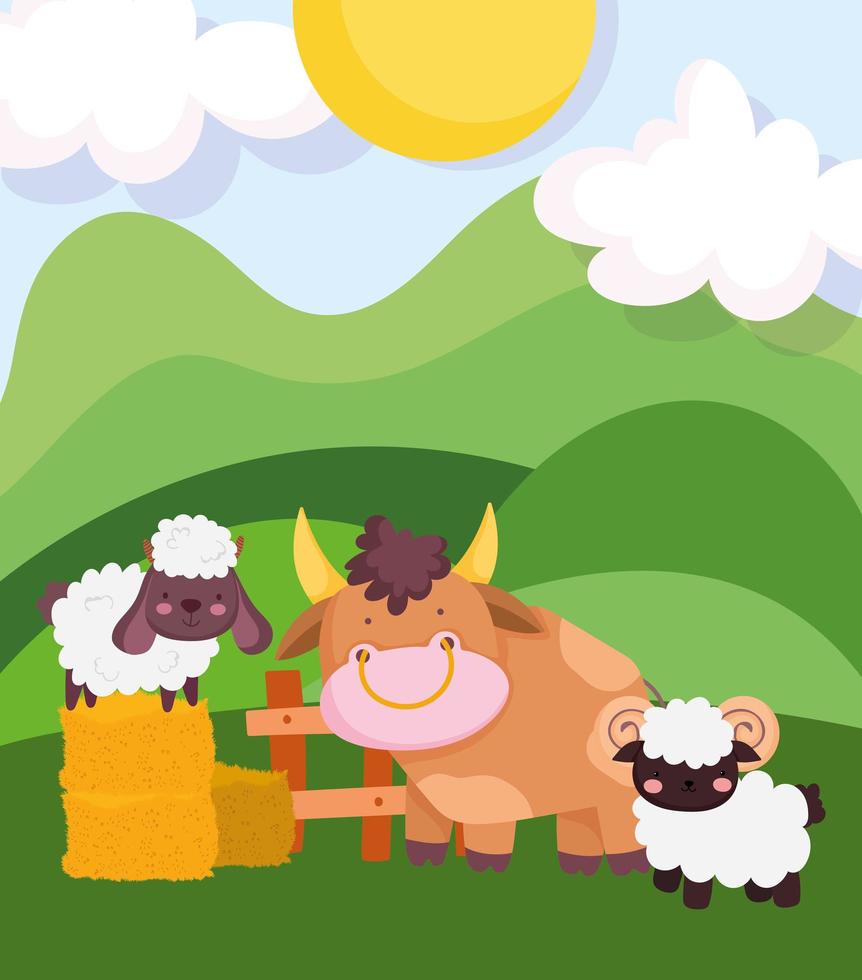 animales de granja toro cabra ovejas en heno valla de madera hierba dibujos animados vector
