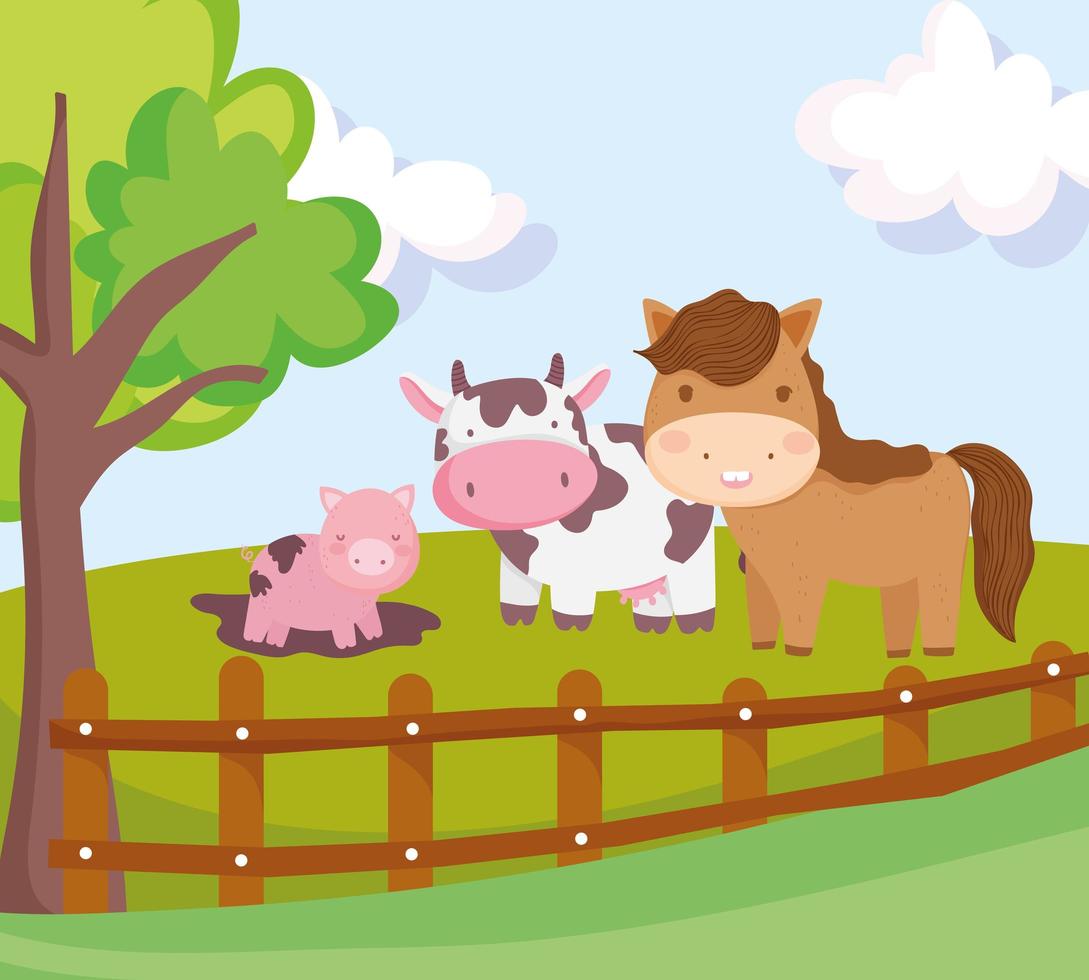 animales de granja, caballo, vaca y cerdo, en, barro, cerca, árbol, hierba, caricatura vector