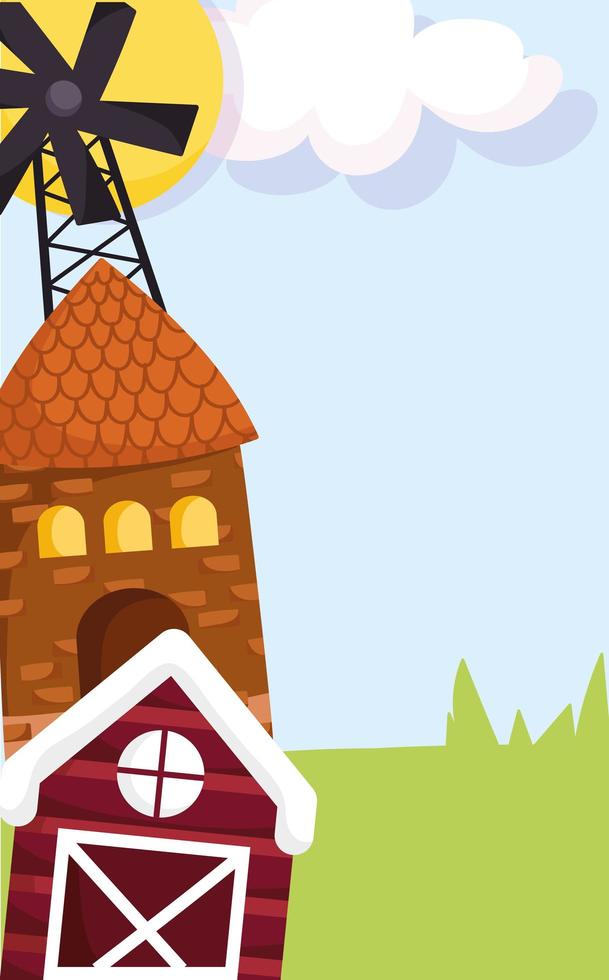 farm animals windmill house barn grass cartoon design vector