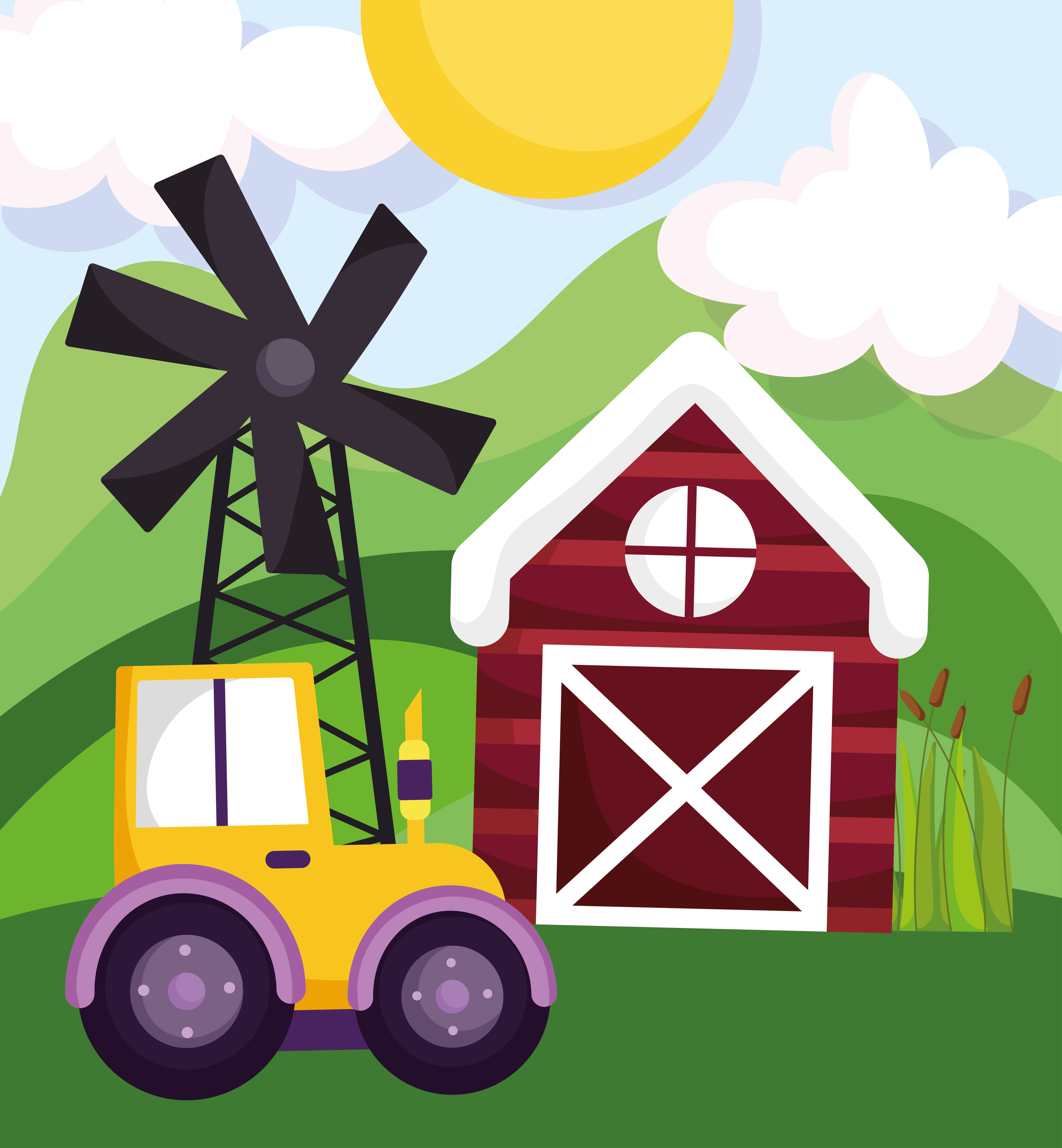 farm animals tractor barn windmill field cartoon 4157145 Vector Art at  Vecteezy