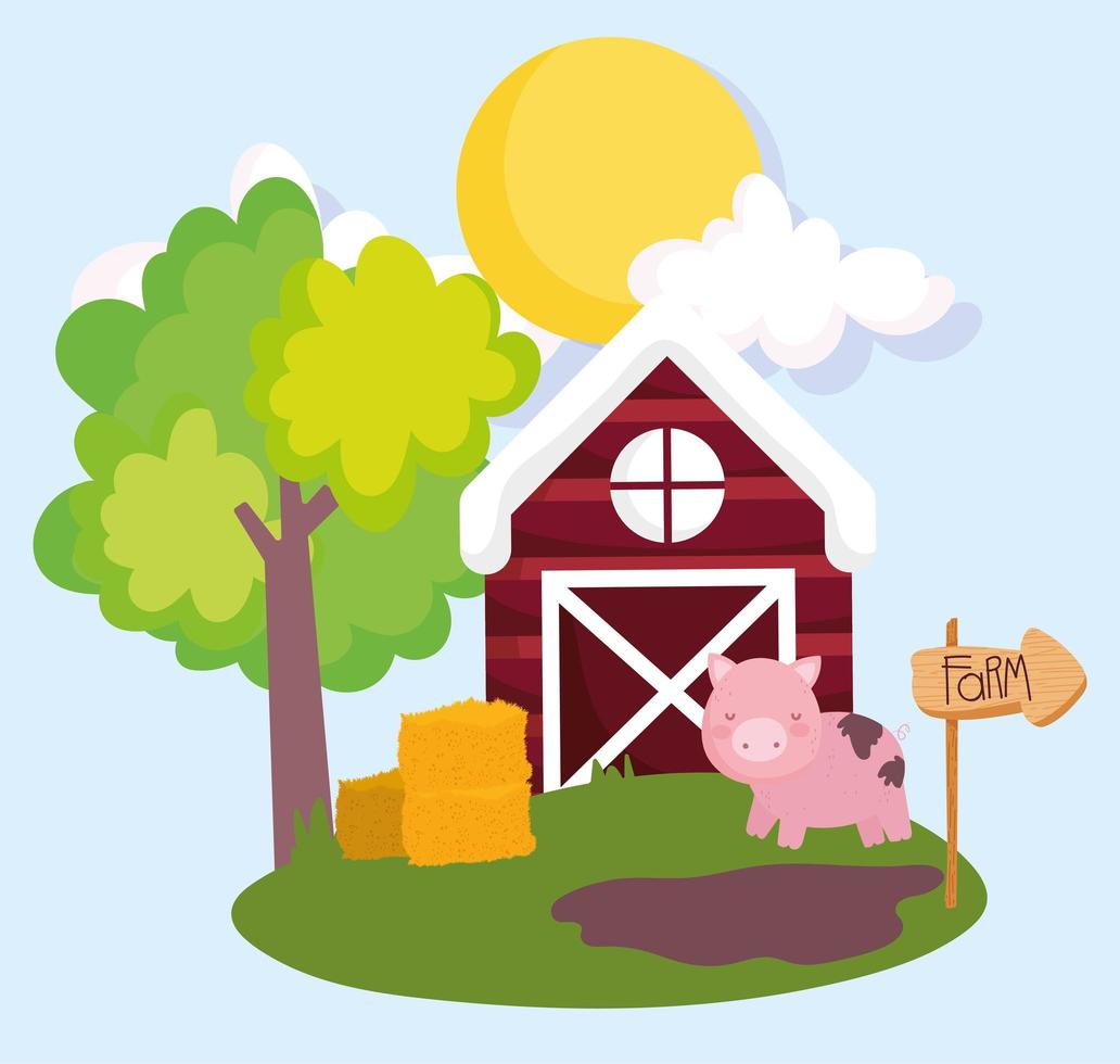 farm animals pig stack hay barn and tree cartoon vector