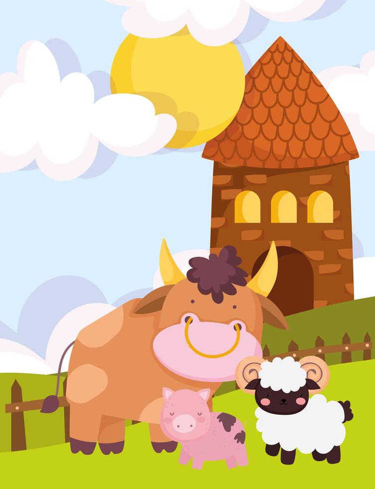 animales de granja cerdo toro y cabra casa hierba día soleado dibujos animados vector