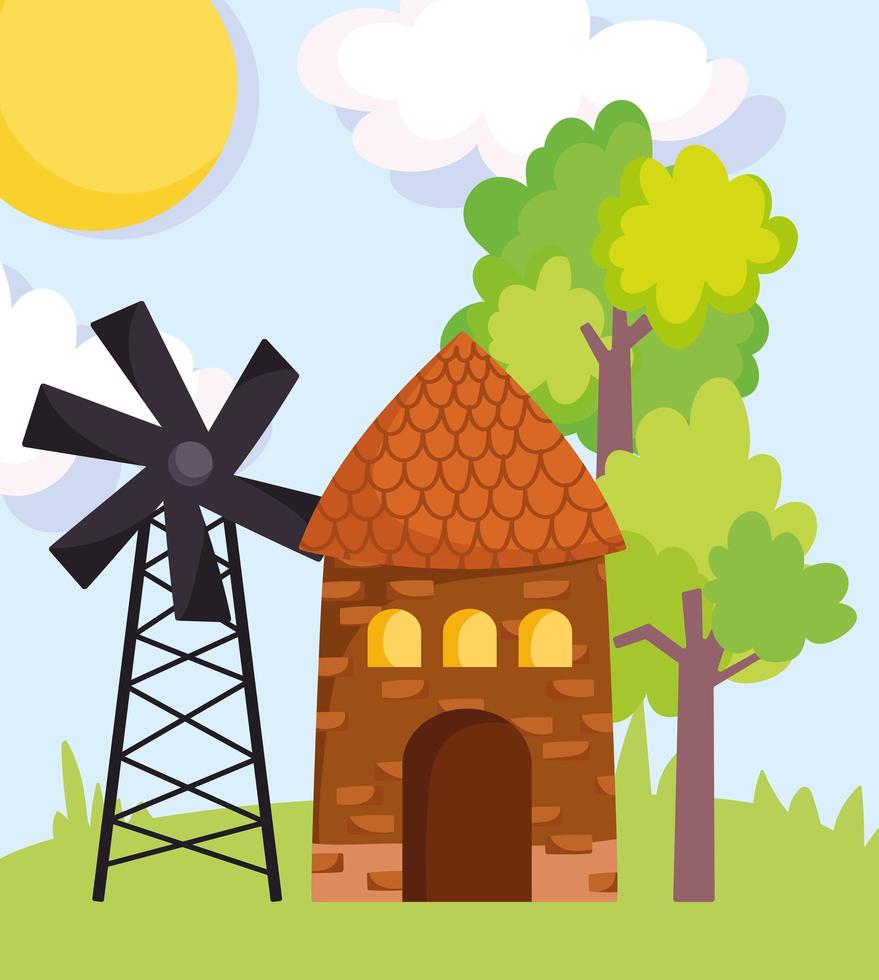 farm animals windmill barn trees grass cartoon vector