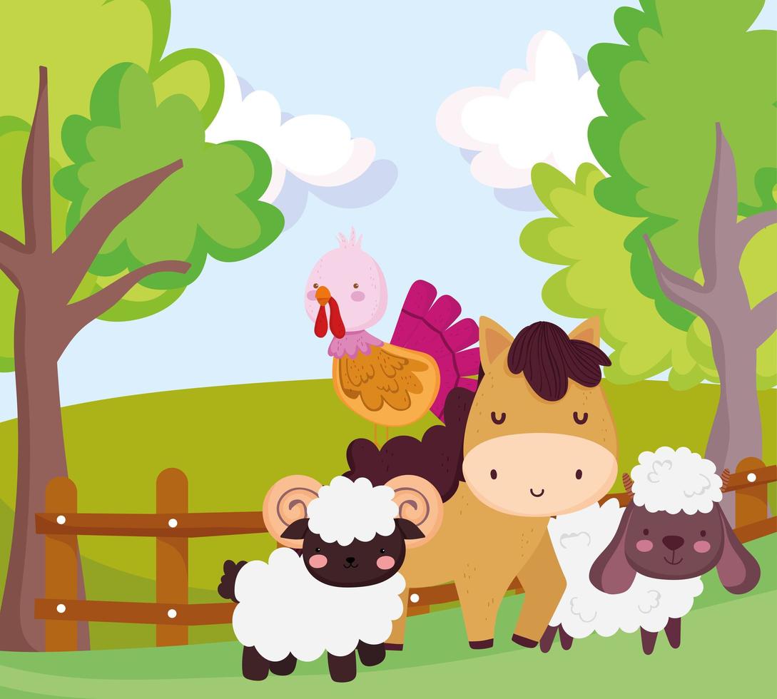 farm animals horse turkey goat sheep wooden fence trees vector