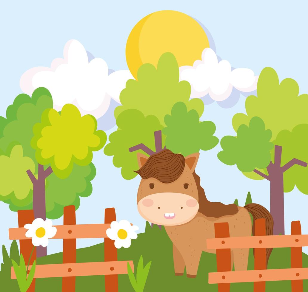 farm animals horse wooden fence flowers trees vector
