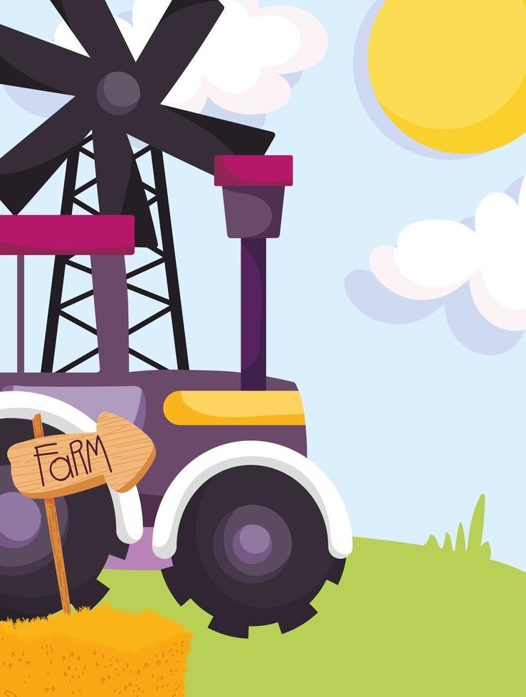 farm animals tractor windmill hay and sign arrow cartoon vector