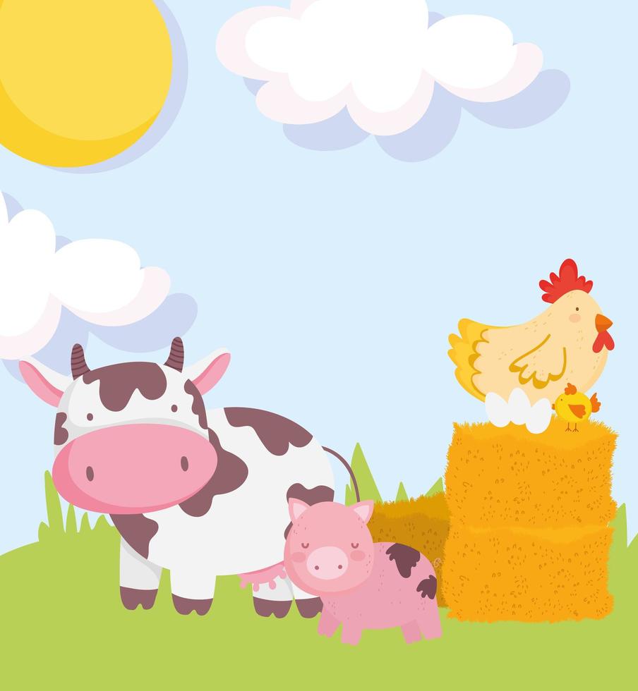 animales de granja, cerdo, vaca, gallina, y, huevos, en, heno, caricatura vector