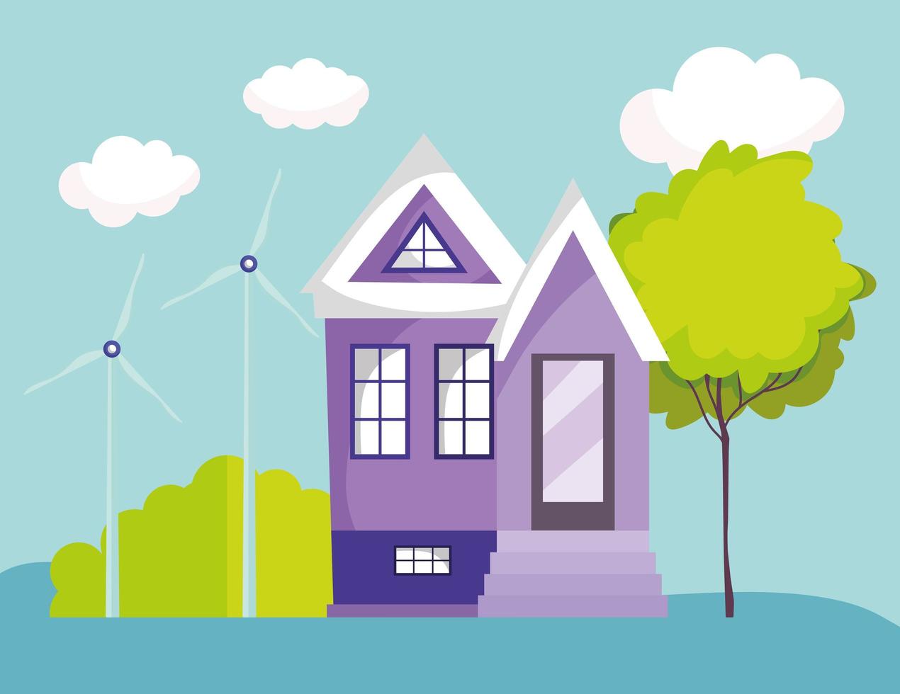 house turbine wind trees nature energy renewable ecology vector