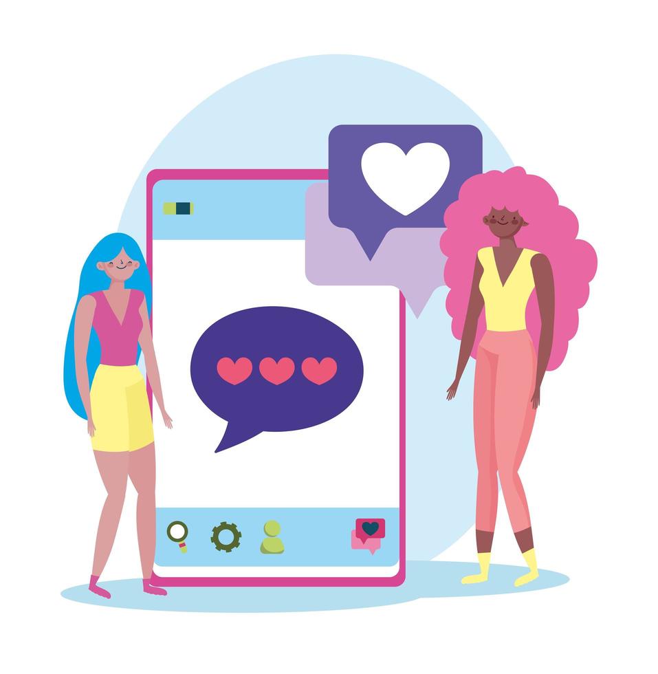 people and smartphone, young women using smartphone texting love vector