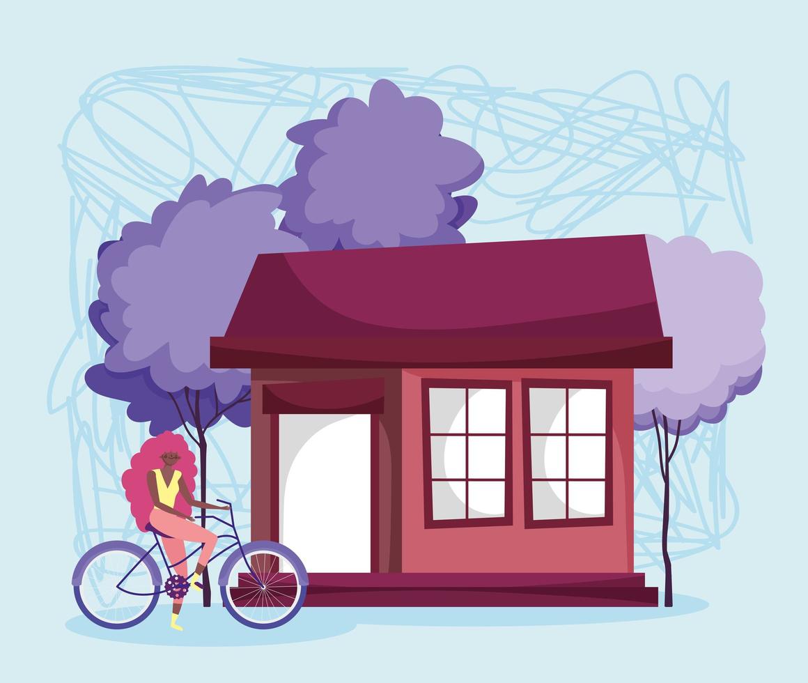 eco friendly transport, young woman riding bike outside house vector