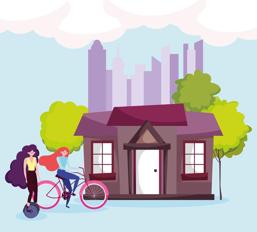 eco friendly transport, women riding bike and house cityscape vector