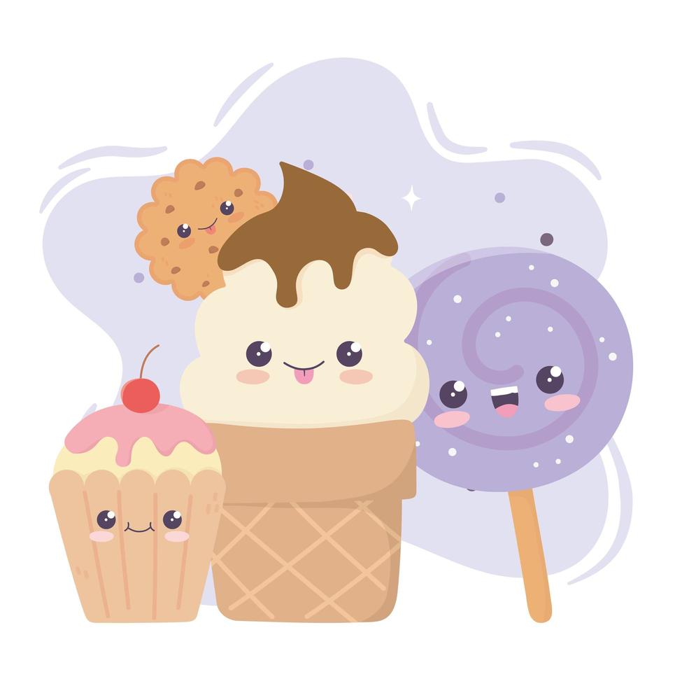 Cute cupcake helado de galleta y caramelo en palo personaje de dibujos animados kawaii vector