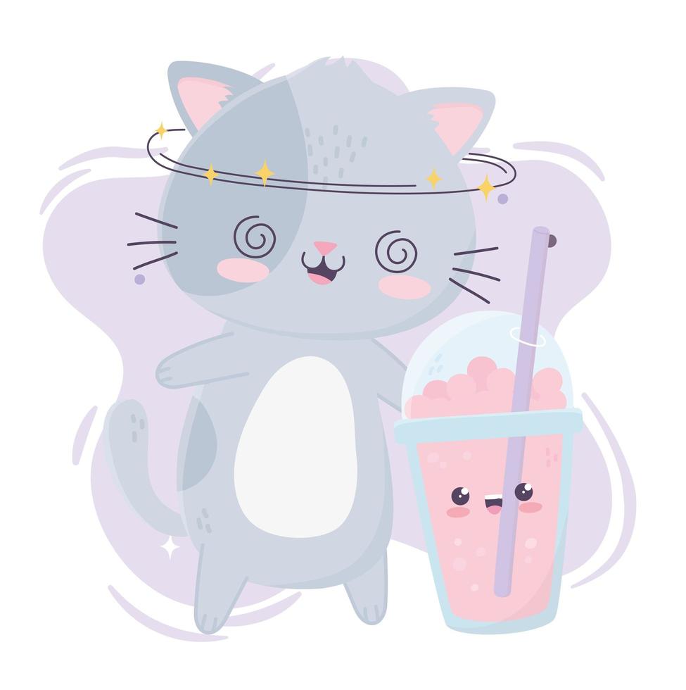 cute crazy cat with milkshake snack kawaii cartoon character vector