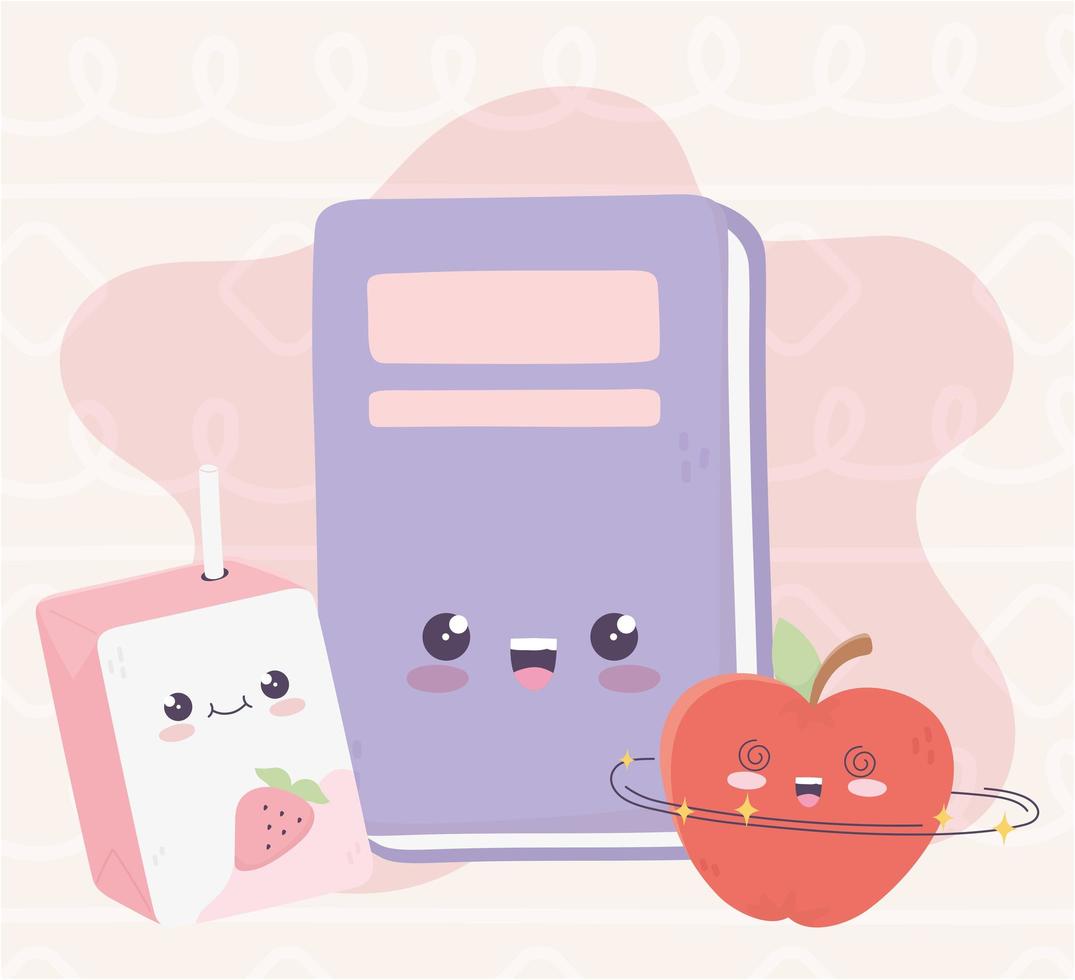 Lindo libro de manzana y jugo de caja kawaii personaje de dibujos animados vector