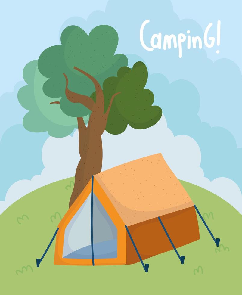 camping tent field foliage trees nature cartoon vector