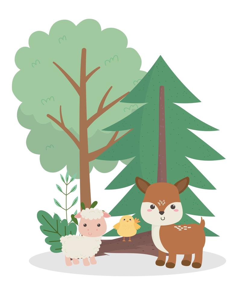 camping lindo ciervo oveja y tronco de pollo árboles forestales dibujos animados vector
