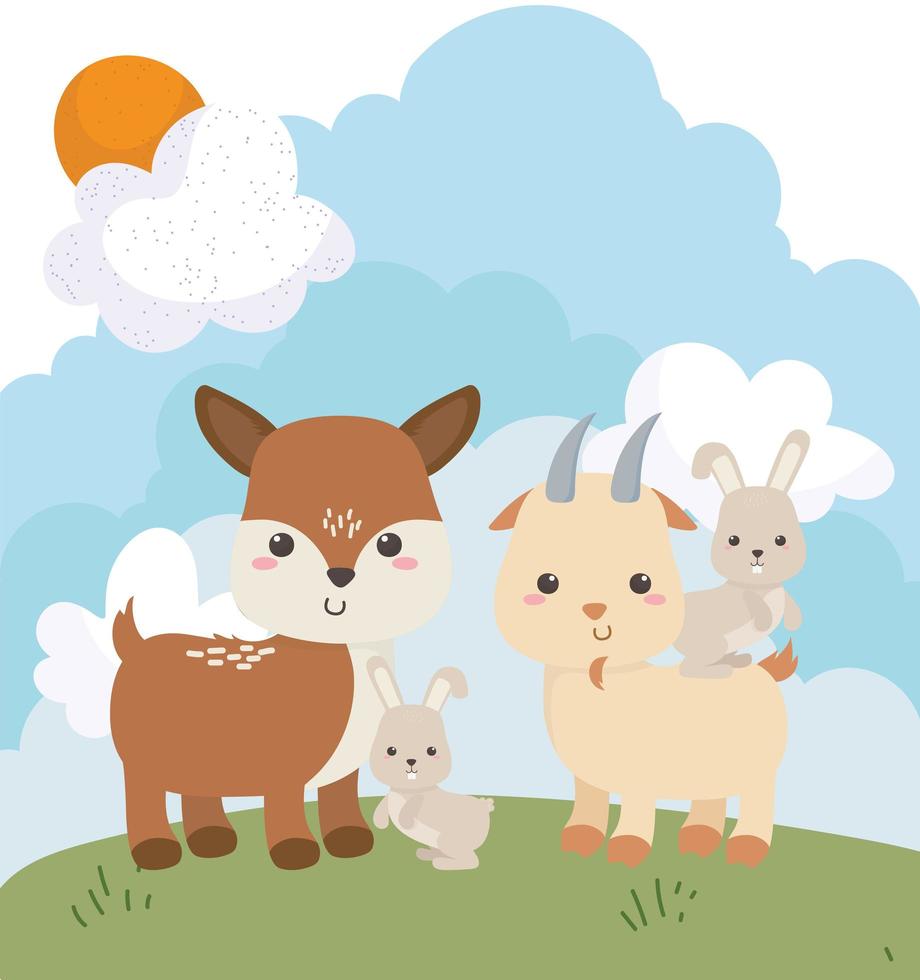 camping bunnies and deer cartoon vector