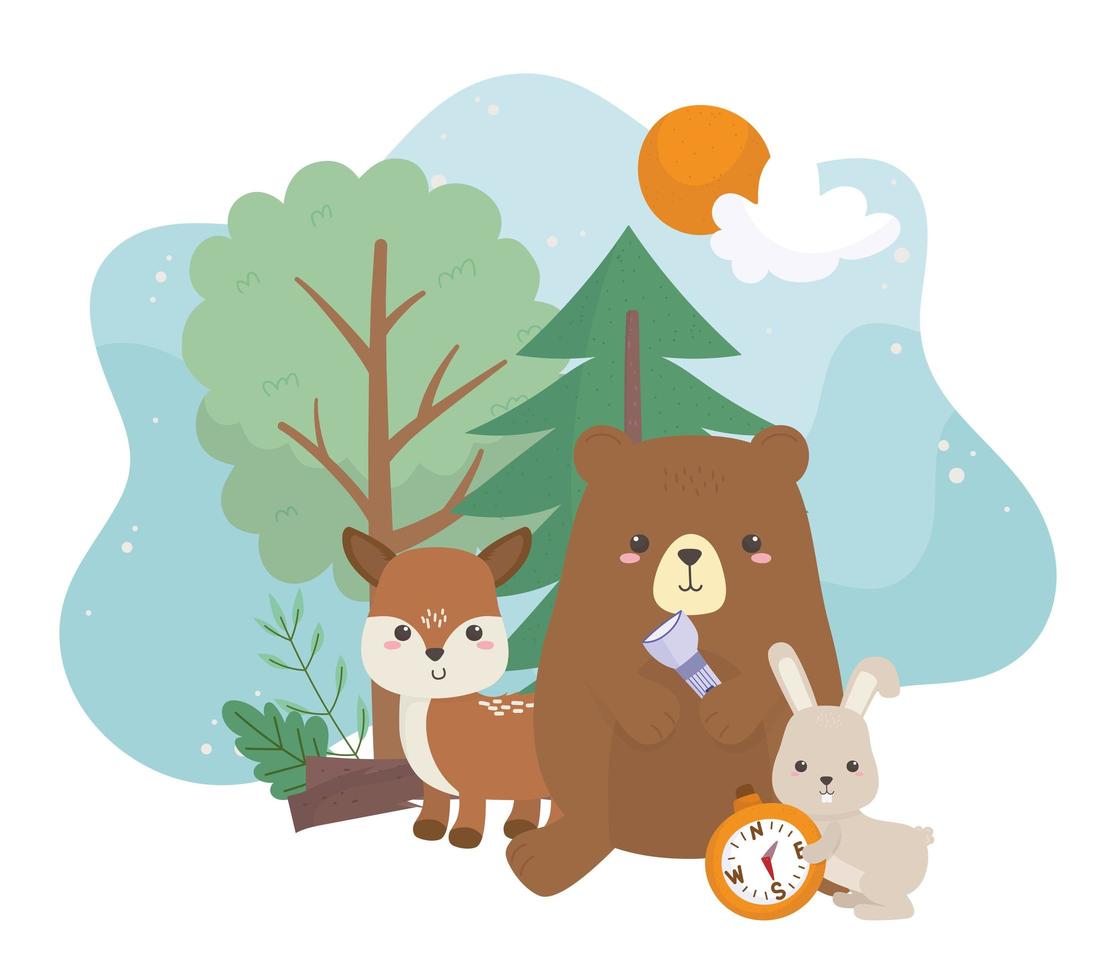 camping cute bear deer rabbit compass lantern trees sun cartoon vector