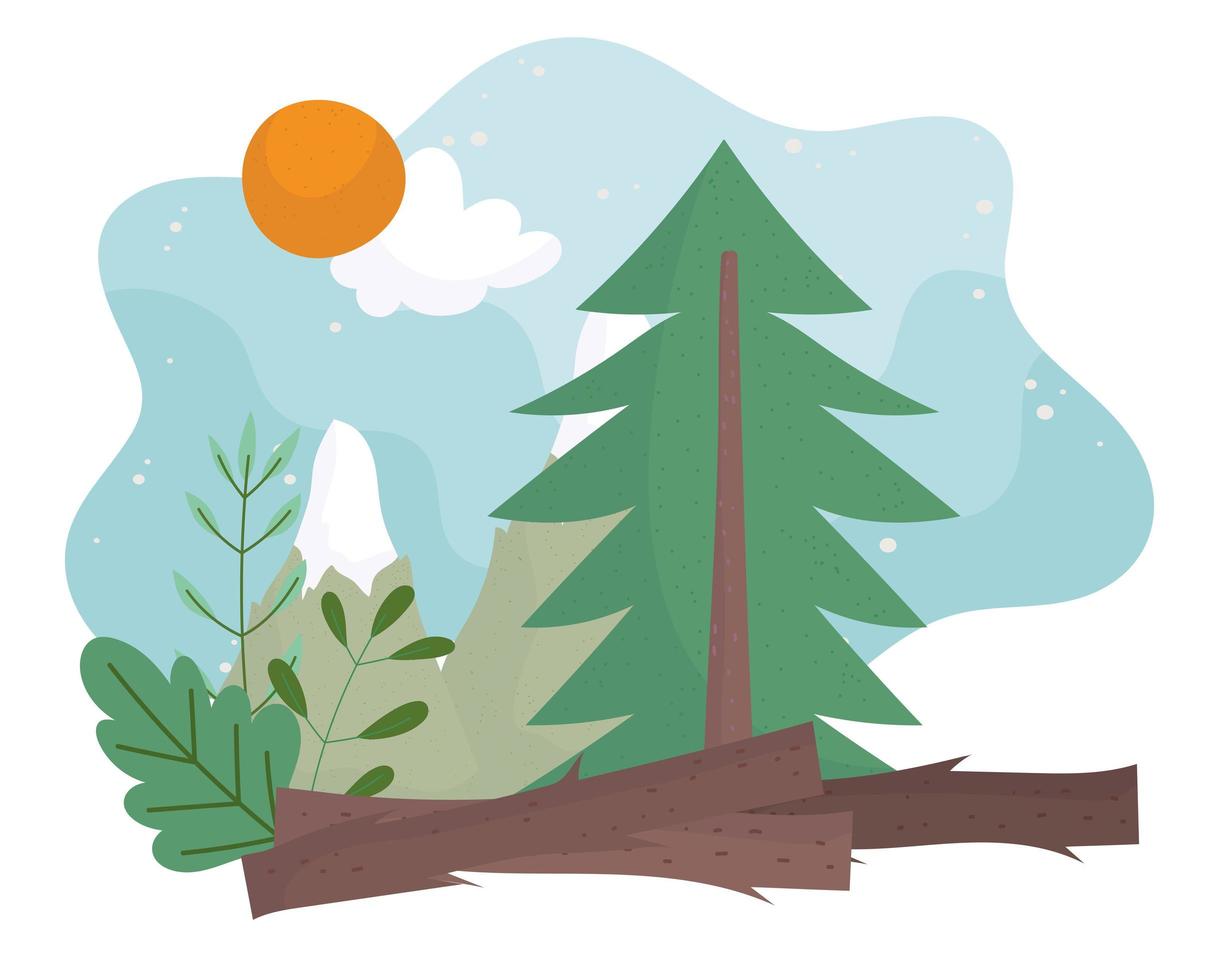 camping pine tree mountain trunk sun clouds sky cartoon vector