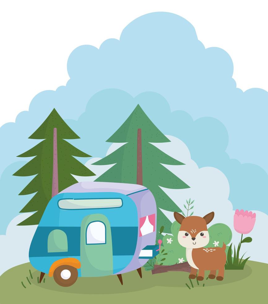 camping lindo ciervo remolque flores árboles naturaleza dibujos animados vector