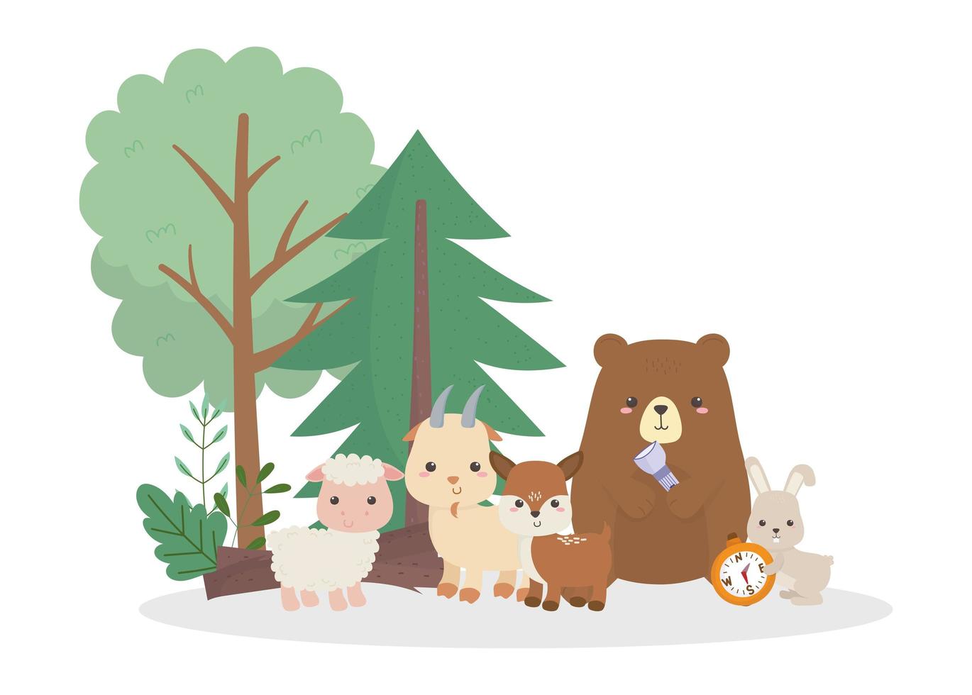 camping cute bear rabbit sheep goat deer with lantern and compass cartoon vector