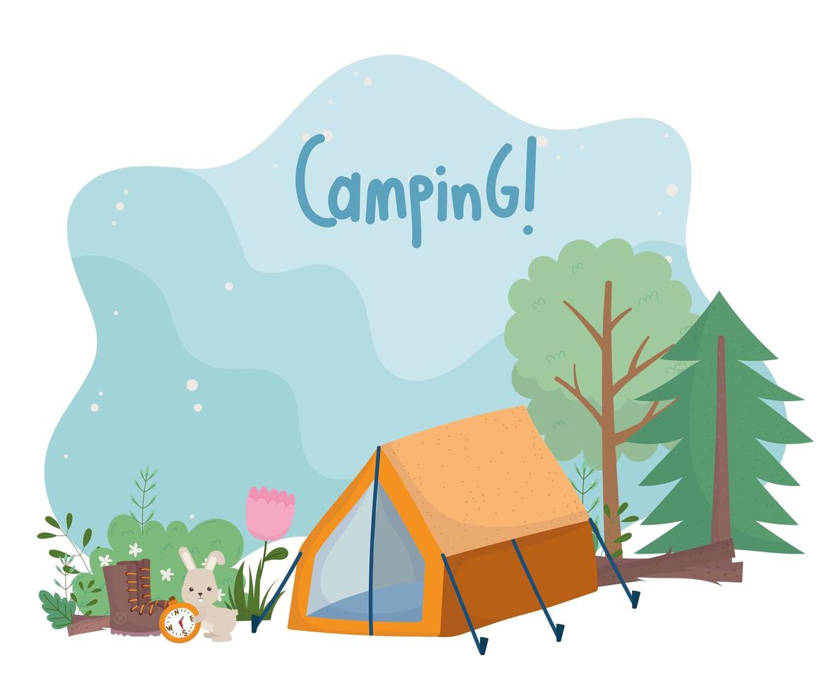 camping conejo carpa botas brújula flor bosque árboles dibujos animados vector