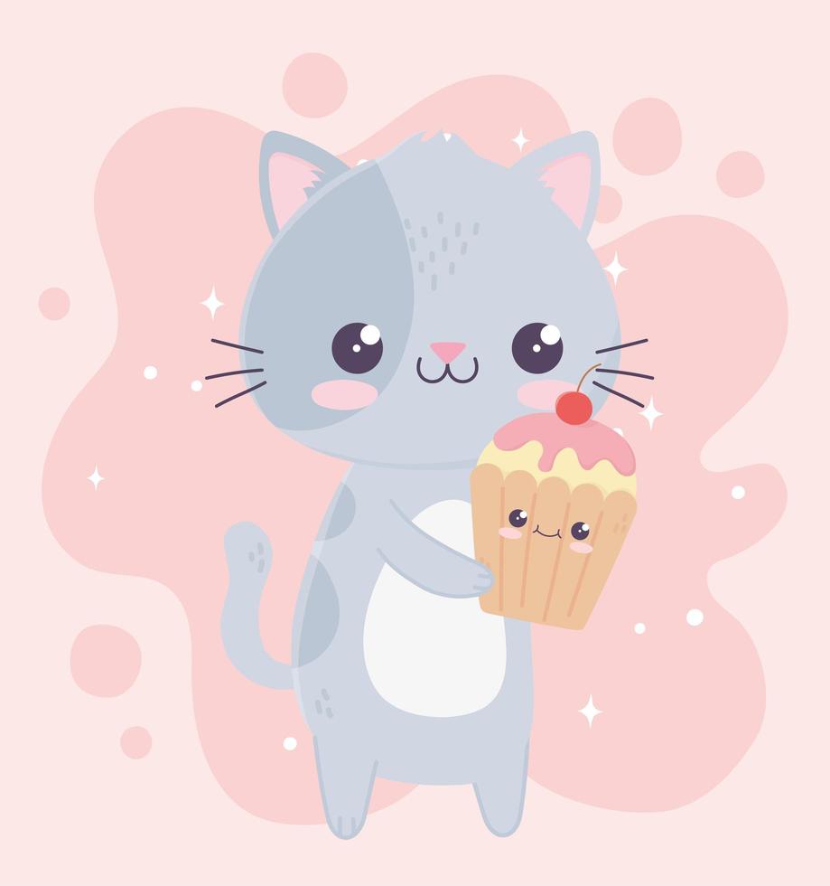 Lindo gatito y cupcake kawaii personaje de dibujos animados vector
